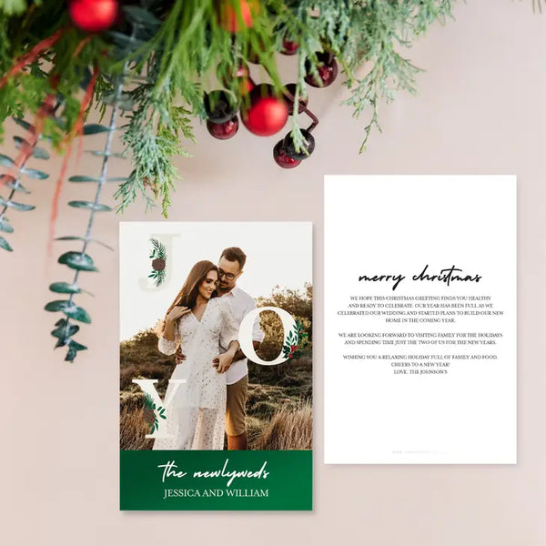 Portrait Custom Photo Printed Christmas Card - Joy