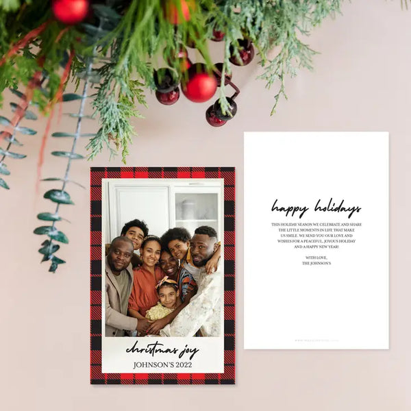 Portrait Custom Photo Printed Christmas Card - Buffalo Plaid