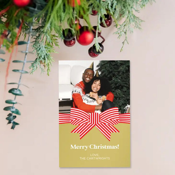 Portrait Custom Photo Printed Christmas Card - Festive Bow