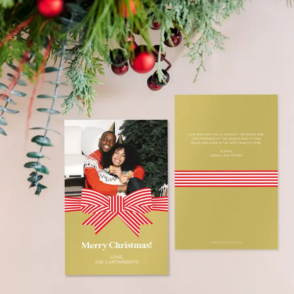 Portrait Custom Photo Printed Christmas Card - Festive Bow