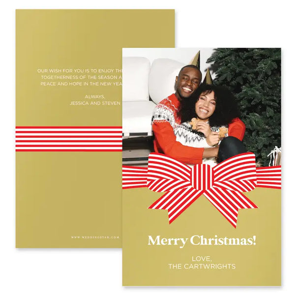 Portrait Custom Photo Printed Christmas Card - Festive Bow