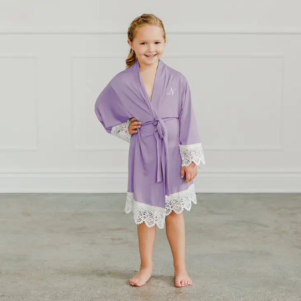 Personalized Flower Girl Jersey Knit Robe With Lace Trim - Lavender