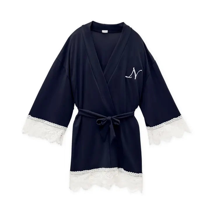 Personalized Flower Girl Jersey Knit Robe With Lace Trim - Navy Blue