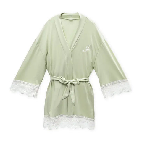 Personalized Flower Girl Jersey Knit Robe With Lace Trim - Sage