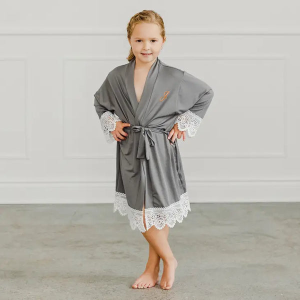 Personalized Flower Girl Jersey Knit Robe With Lace Trim - Gray