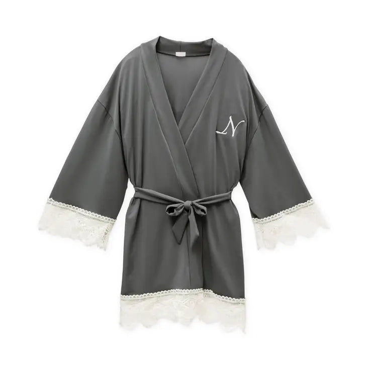 Personalized Flower Girl Jersey Knit Robe With Lace Trim - Gray