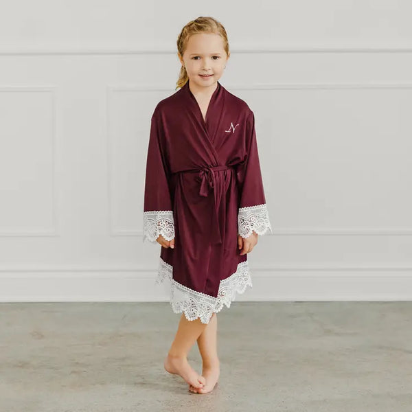 Personalized Flower Girl Jersey Knit Robe With Lace Trim - Burgundy