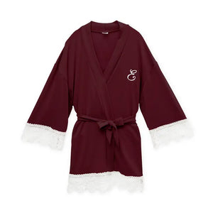 Personalized Flower Girl Jersey Knit Robe With Lace Trim - Burgundy