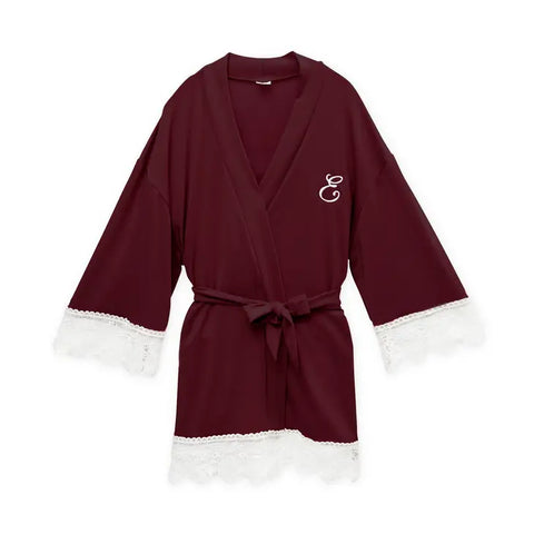 Personalized Flower Girl Jersey Knit Robe With Lace Trim - Burgundy