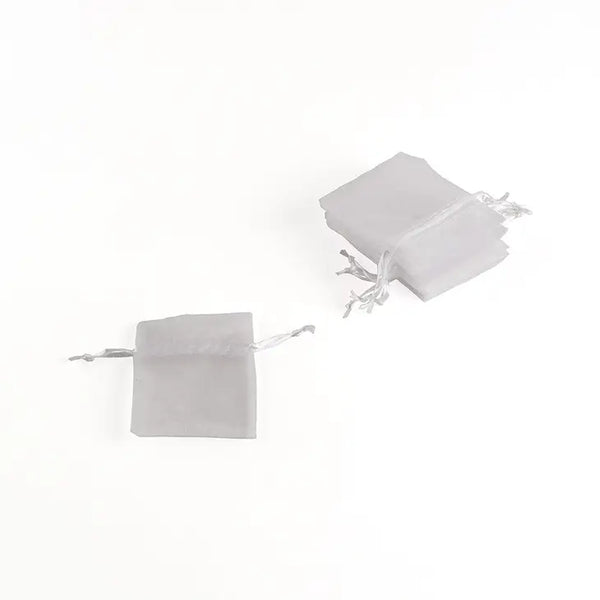 Small Silver Organza Fabric Drawstring Bag - Set of 10