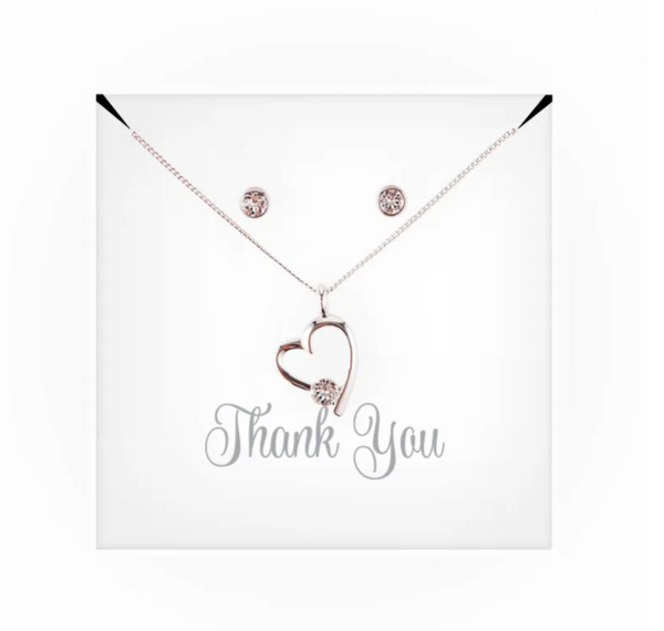 Personalized Bridal Party Heart & Crystal Jewelry Gift Set - Thank You Cursive Font