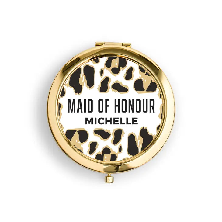 Personalized Engraved Bridal Party Pocket Compact Mirror - Leopard Print