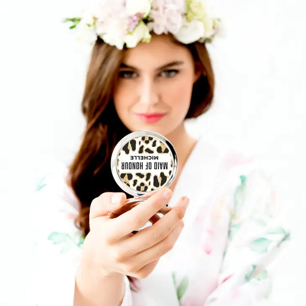 Personalized Engraved Bridal Party Pocket Compact Mirror - Leopard Print