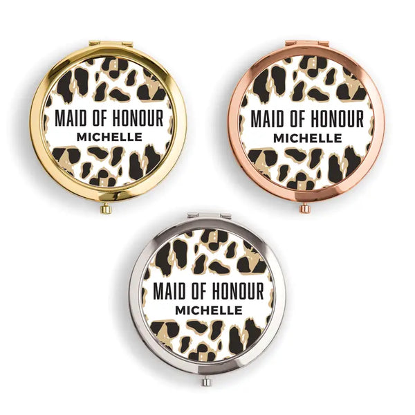 Personalized Engraved Bridal Party Pocket Compact Mirror - Leopard Print