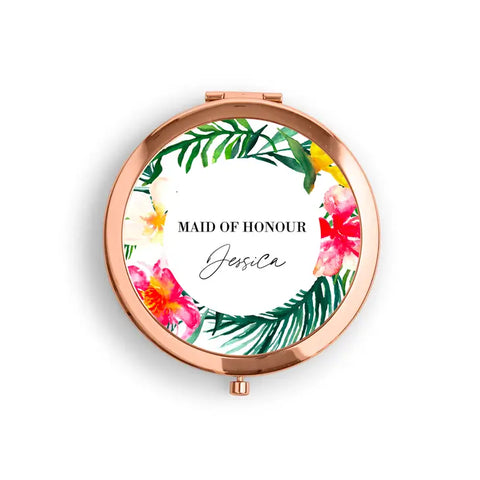 Personalized Engraved Bridal Party Pocket Compact Mirror - Tropical Floral