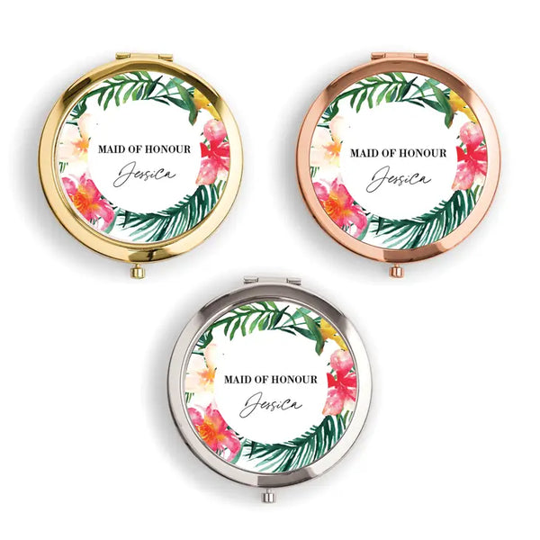 Personalized Engraved Bridal Party Pocket Compact Mirror - Tropical Floral