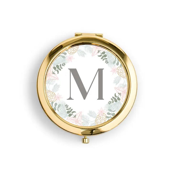 Personalized Engraved Bridal Party Pocket Compact Mirror - Blush Wreath Monogram