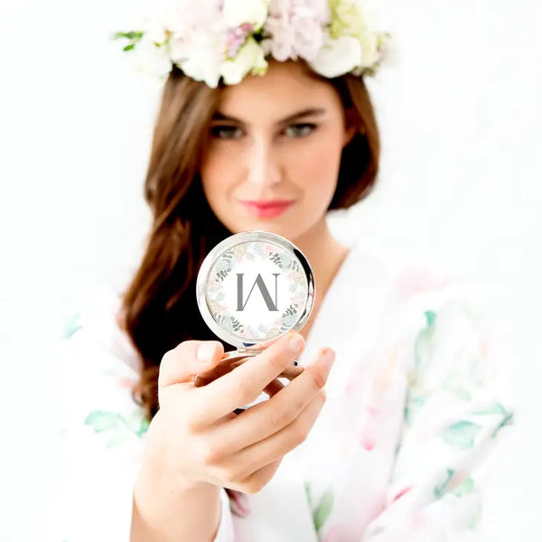 Personalized Engraved Bridal Party Pocket Compact Mirror - Blush Wreath Monogram