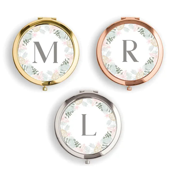 Personalized Engraved Bridal Party Pocket Compact Mirror - Blush Wreath Monogram