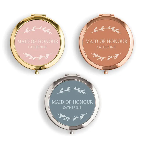 Personalized Engraved Bridal Party Pocket Compact Mirror - Rustic Garland