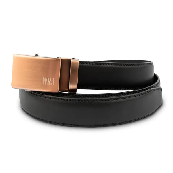 Men's Black Leather Belt - Monogrammed Copper Buckle