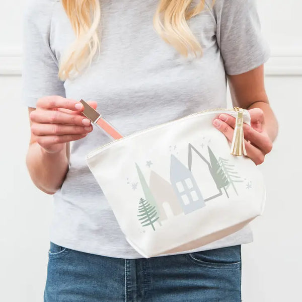 Large Personalized Canvas Makeup Bag - Winter Cottages