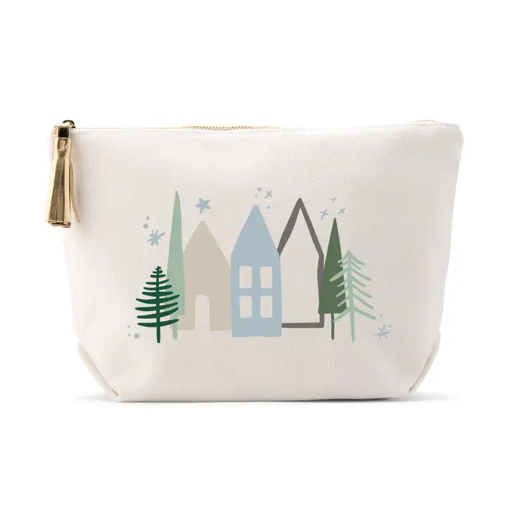 Large Personalized Canvas Makeup Bag - Winter Cottages