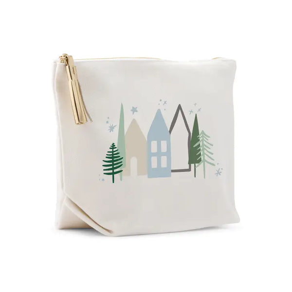 Large Personalized Canvas Makeup Bag - Winter Cottages