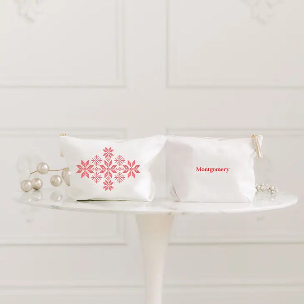 Large Personalized Canvas Makeup Bag - Knit Sweater Snowflakes