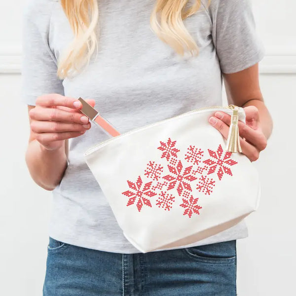 Large Personalized Canvas Makeup Bag - Knit Sweater Snowflakes