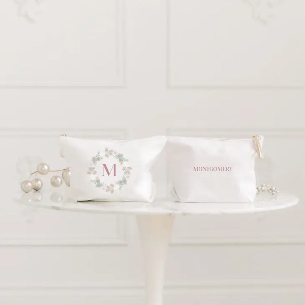 Large Personalized Canvas Makeup Bag - Blush Wreath