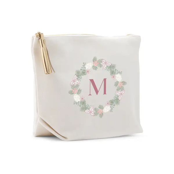 Large Personalized Canvas Makeup Bag - Blush Wreath