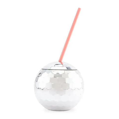 Bridal Party Disco Ball Tumbler Cup For Bridesmaids - Silver With Pink Straw