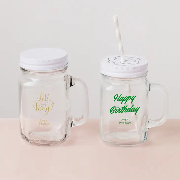 Personalized 12 or 16 oz. Mason Jar Drinking Glass Favor - Birthday | + More Occasions