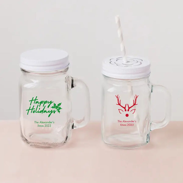 Personalized 12 or 16 oz. Mason Jar Drinking Glass Favor - Holiday | + More Occasions