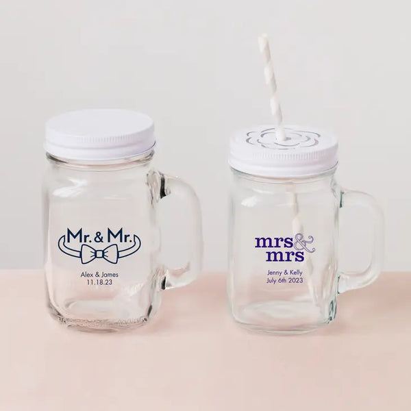 Personalized 12 or 16 oz. Mason Jar Drinking Glass Wedding Favor - Same Sex | + More Designs