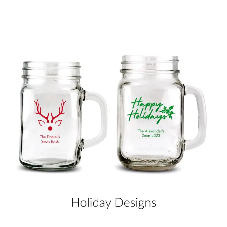 Personalized 12 or 16 oz. Mason Jar Drinking Glass Favor - Holiday | + More Occasions