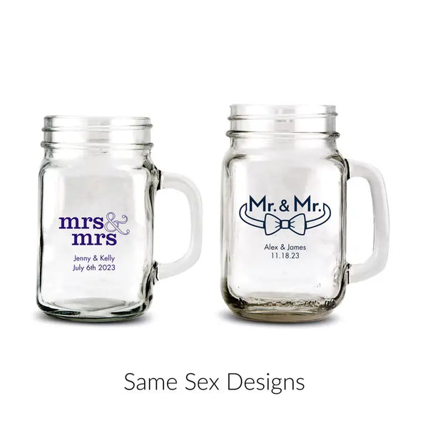 Personalized 12 or 16 oz. Mason Jar Drinking Glass Wedding Favor - Same Sex | + More Designs