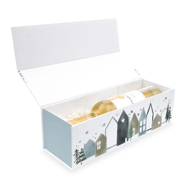 Christmas Wine Bottle Gift Box with Magnetic Lid - Happy Holidays