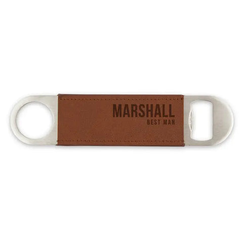 Personalized Faux Leather Wrapped Bar Blade Bottle Opener - Custom Text