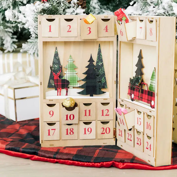 Reusable Plain Fillable Wooden Advent Drawer Christmas Calendar - Plaid Stag