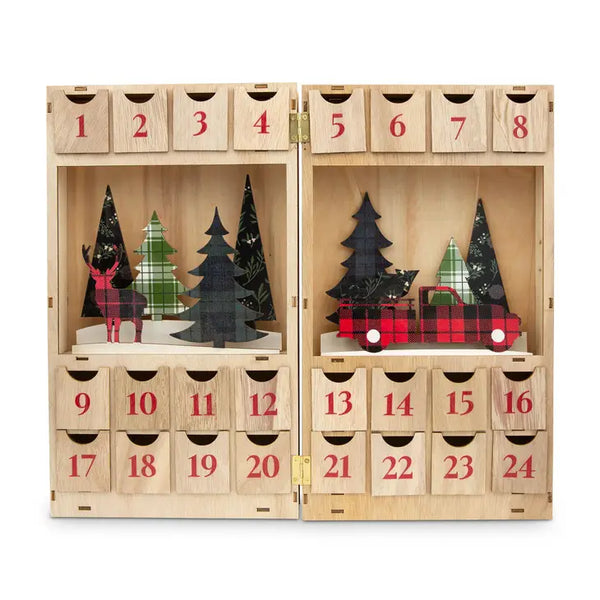 Reusable Plain Fillable Wooden Advent Drawer Christmas Calendar - Plaid Stag