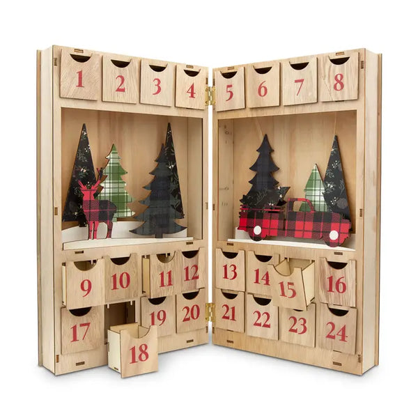 Reusable Plain Fillable Wooden Advent Drawer Christmas Calendar - Plaid Stag