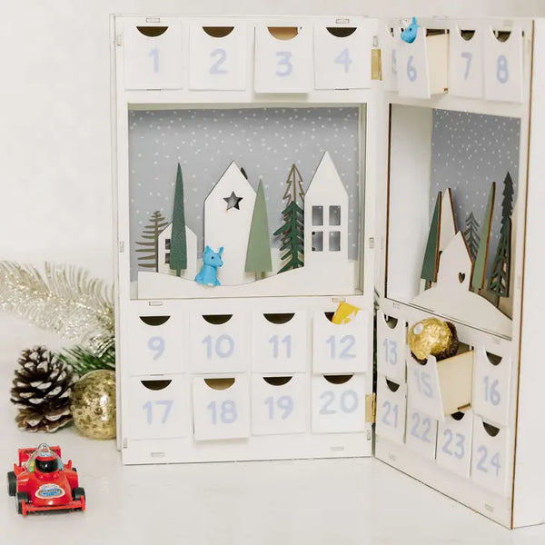 Reusable Plain Fillable Wooden Advent Drawer Christmas Calendar - Winter Cottages