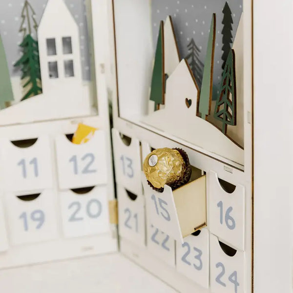 Reusable Plain Fillable Wooden Advent Drawer Christmas Calendar - Winter Cottages