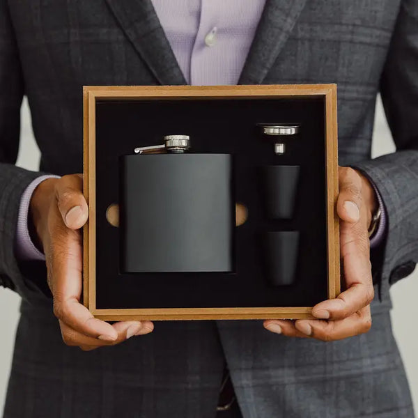 Wood Gift Box & 6 oz. Black Metal Hip Flask Set - Blank