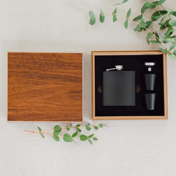 Wood Gift Box & 6 oz. Black Metal Hip Flask Set - Blank