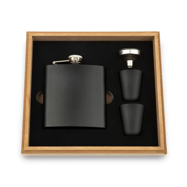 Wood Gift Box & 6 oz. Black Metal Hip Flask Set - Blank