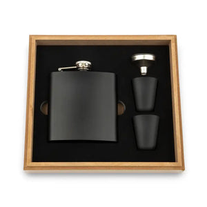 Wood Gift Box & 6 oz. Black Metal Hip Flask Set - Blank