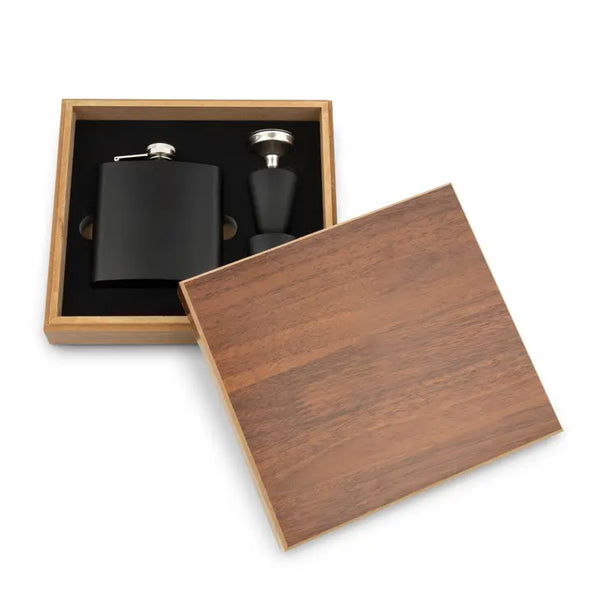 Wood Gift Box & 6 oz. Black Metal Hip Flask Set - Blank